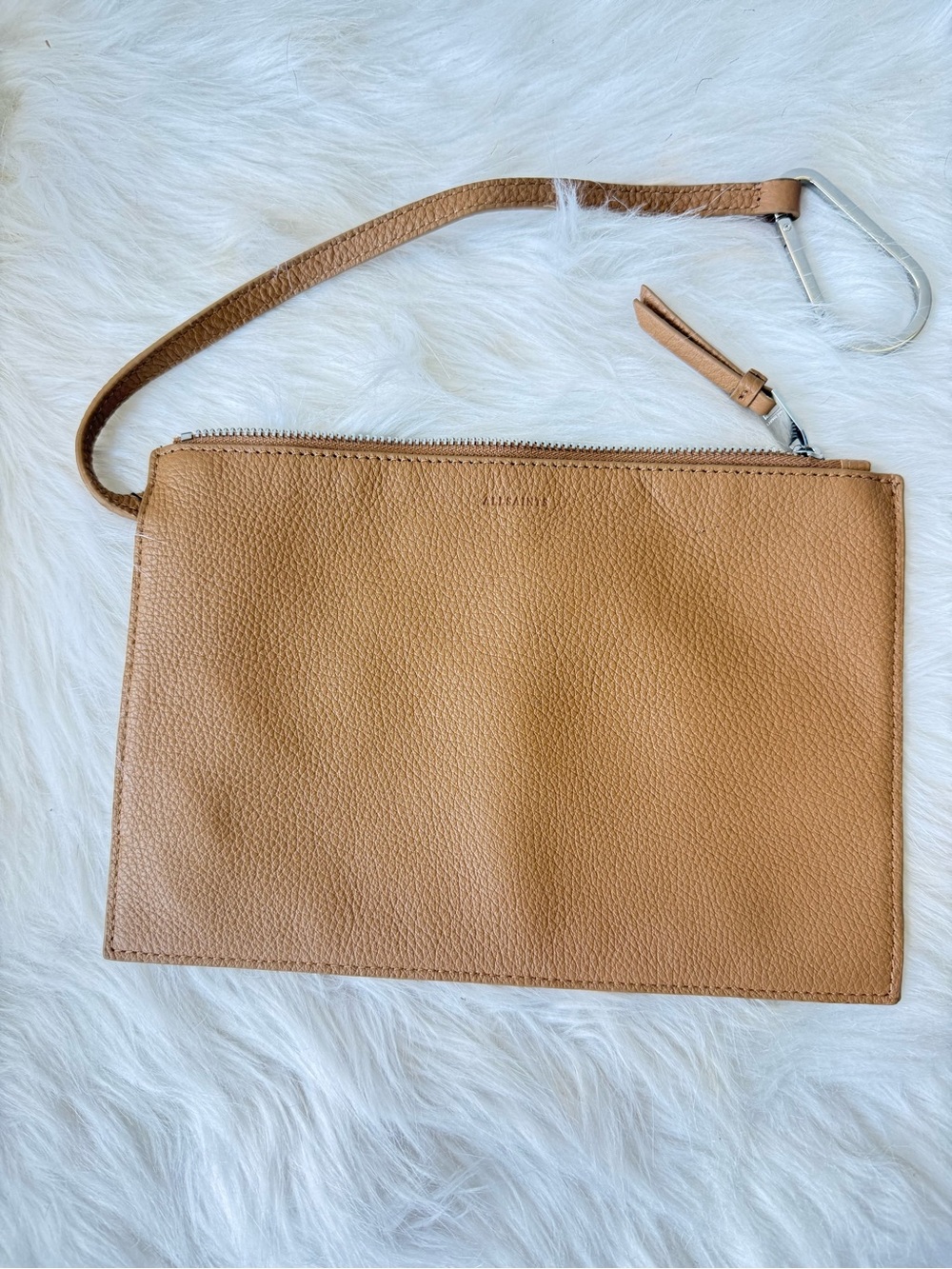 All Saints Tan Pebbled Leather Wristlet Clutch